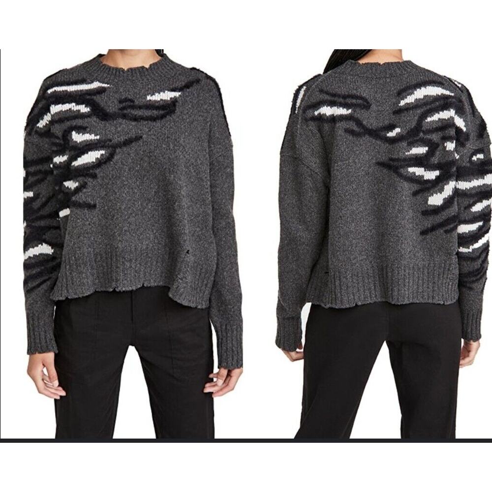 Zadig & Voltaire Starry Intarsia Distressed Sweater Grey Wool, Sz L, NWT!